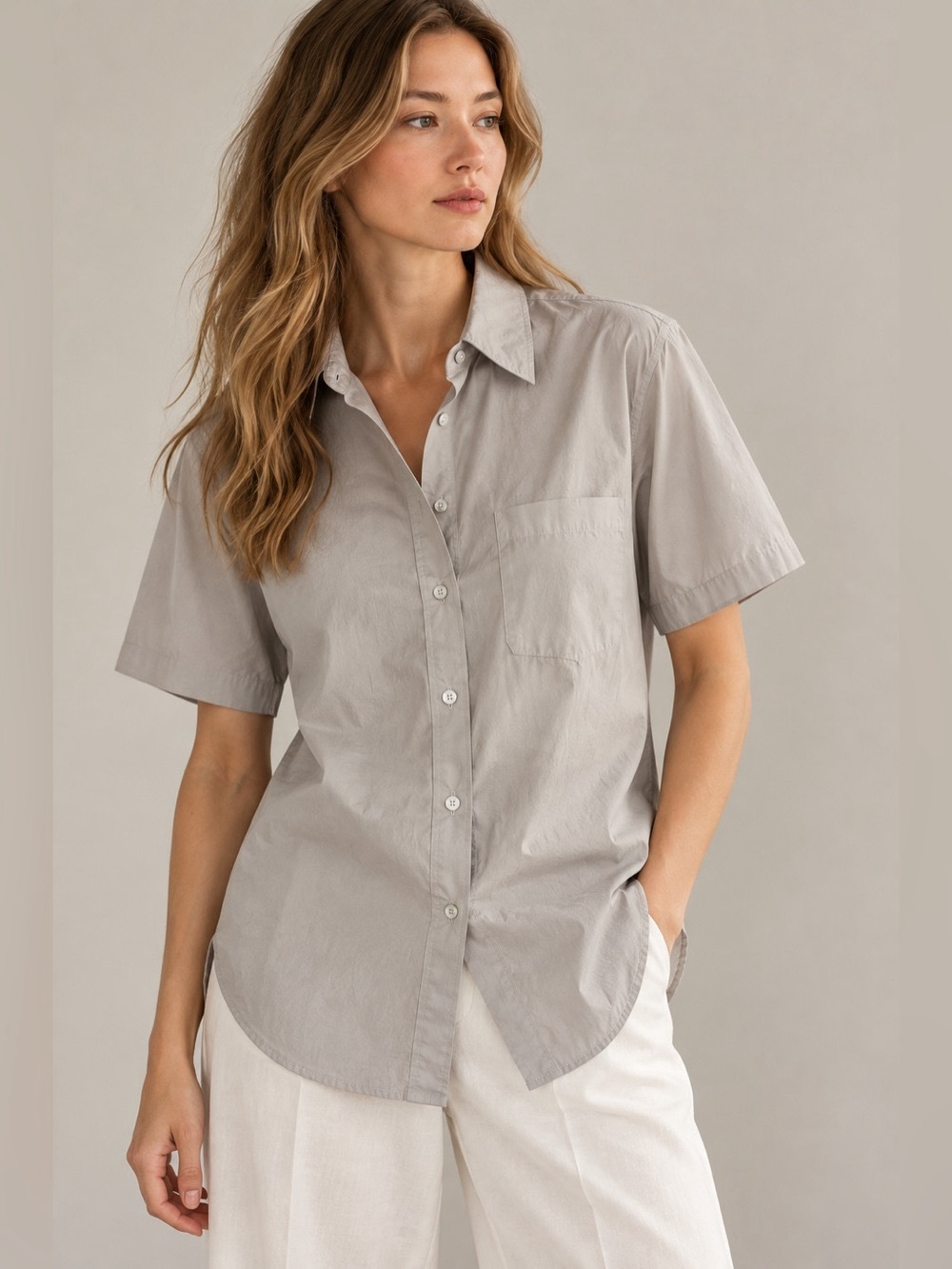 Vince Light Gray Short-Sleeve Button-Down Shirt